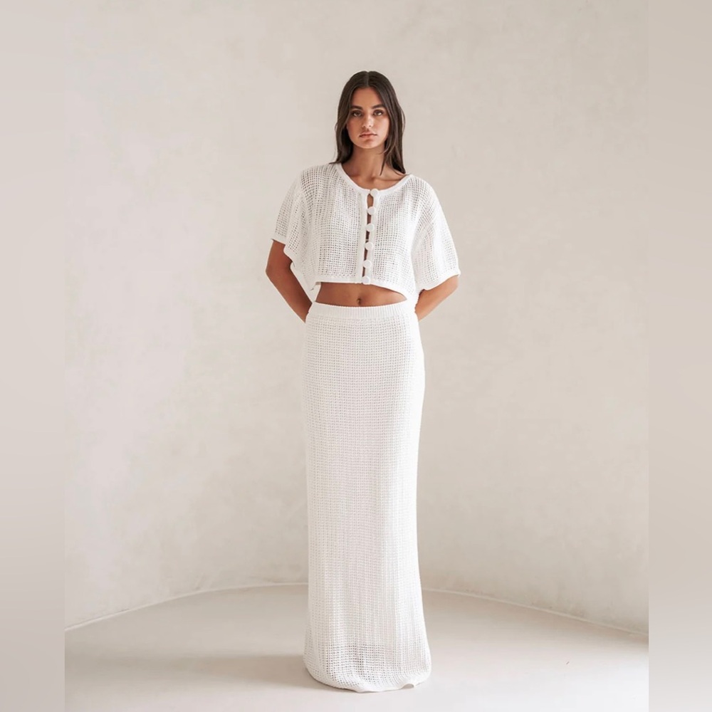Sabo Mekkah Ivory Open Knit Shirt Sleeve Cardigan & Maxi Skirt Set Size 8, NWT